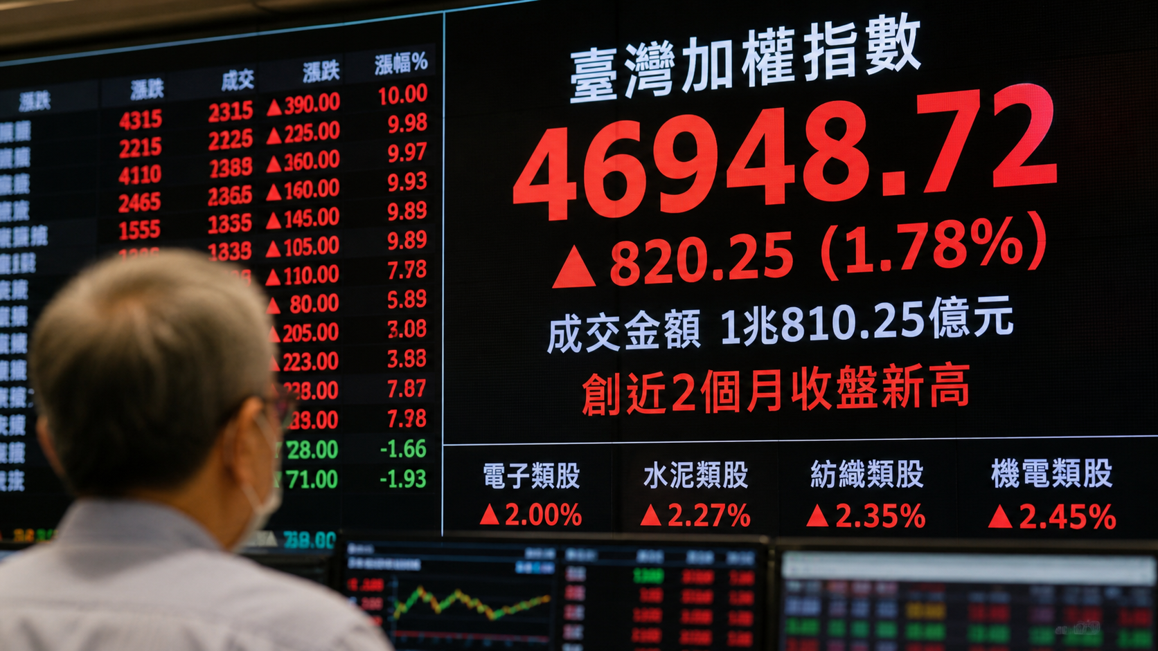 電子水泥紡織機電強勢　臺股收46948點創近2個月高 | 證券 | 中央社 CNA 封面圖