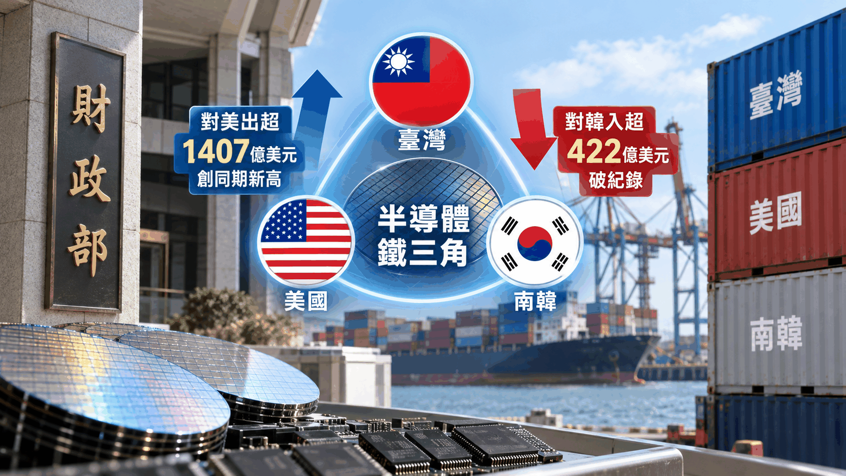 臺灣對美出超創高、對韓入超破紀錄　財政部：形成半導體鐵三角 | 產經 | 中央社 CNA 封面圖
